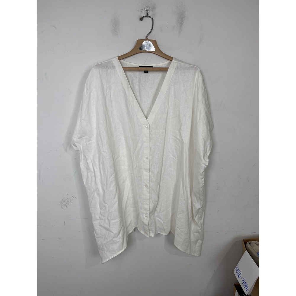 Ellos White Linen Blend Button‎ Front V-Neck Oversized Top Blouse Plus 18/20 L